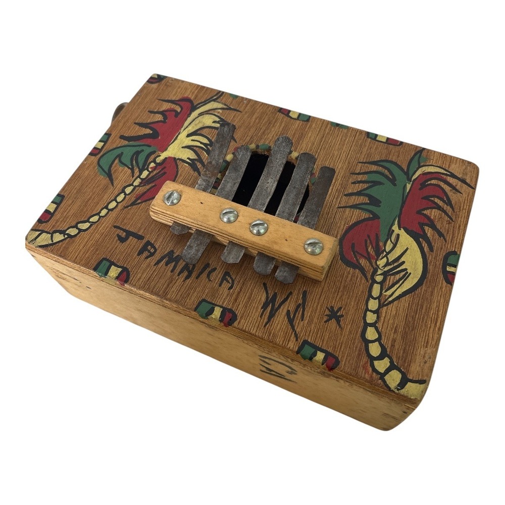Vintage Jamaica Hand Painted Wood Kalimba Thumb Piano Tropical Palm Folk Art